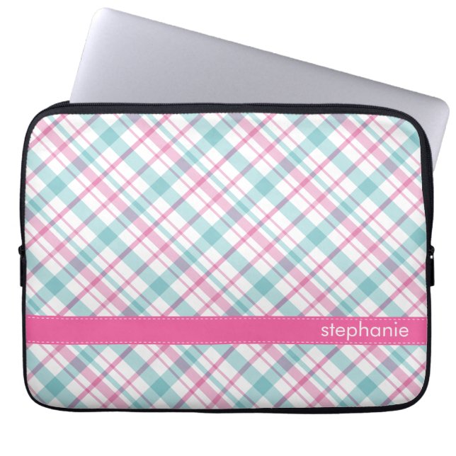 Blauwgroen en roze patroon laptop sleeve (Voorkant)