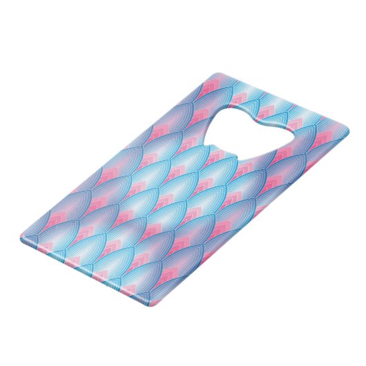 Blauwgroen en roze petaalpatroon creditkaart flessenopener (Achterkant Gekanteld)