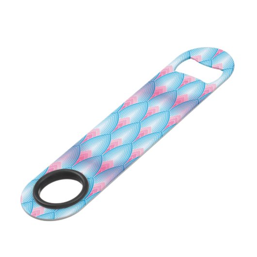 Blauwgroen en roze petaalpatroon speed flessenopener (Achterkant Gekanteld)