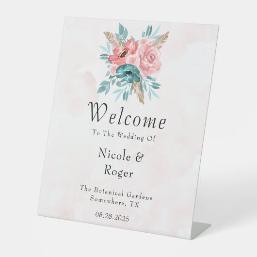 Blauwgroen en Roze Pioen Bloemen Bruiloft Welkomst Reclamebord Met Voetstuk (Voorkant)