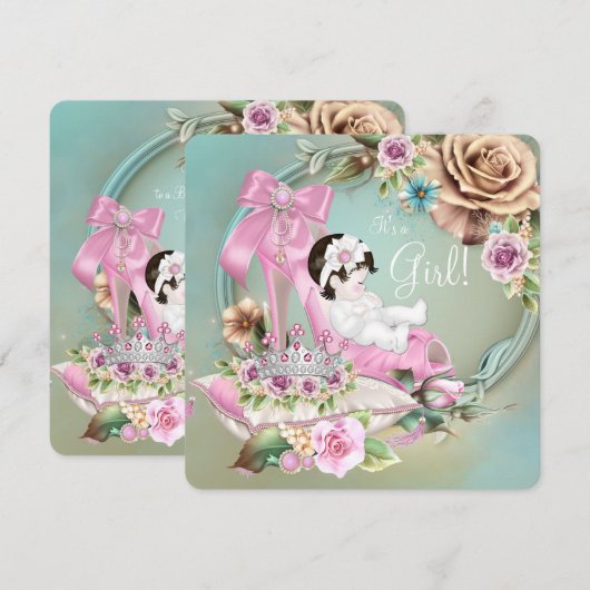 Blauwgroen en roze schoen Roos Baby shower Kaart (Voorkant / Achterkant)