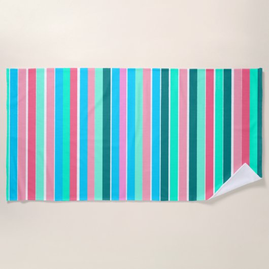 Blauwgroen en roze strepen strandlaken (Voorkant)