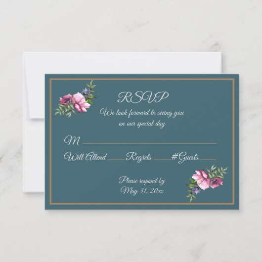 Blauwgroen en Roze Waterverf Bloemen Kaart (Voorkant)