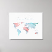 Blauwgroen en roze Waterverf Wereldkaart Gastboek Canvas Afdruk (Voorkant)