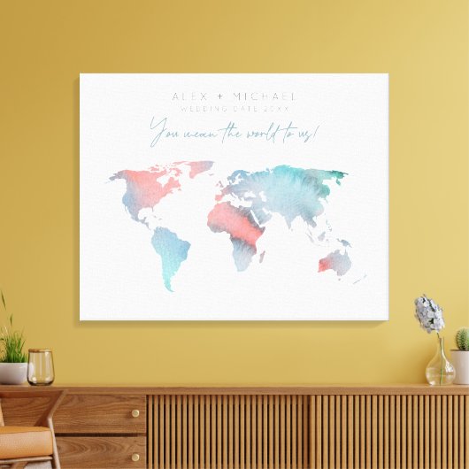 Blauwgroen en roze Waterverf Wereldkaart Gastboek Canvas Afdruk (Insitu (Woonkamer))