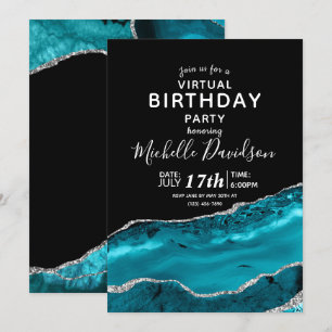 Blauwgroen en Silver Agate Virtual Birthday-uitnod Kaart