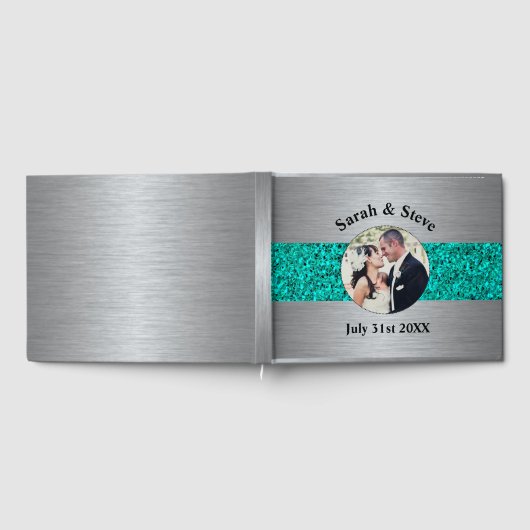 Blauwgroen en Silver Sparkle Wedding Photograph Ga Gastenboek (Volledig)