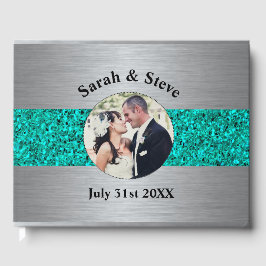 Blauwgroen en Silver Sparkle Wedding Photograph Ga Gastenboek