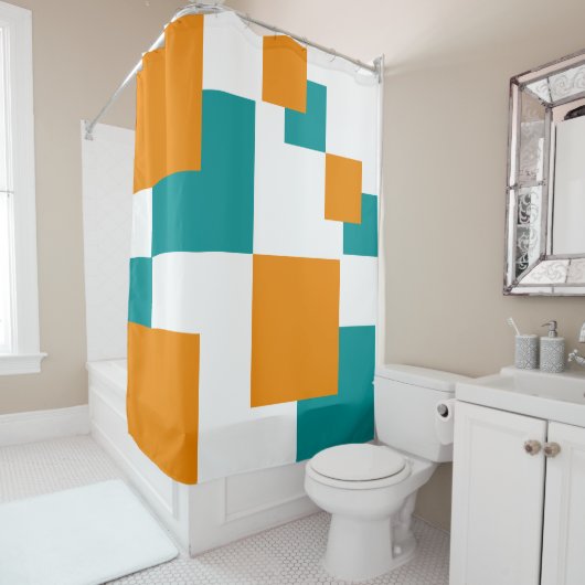 Blauwgroen en Tangarine minimal vierkanten Douchegordijn (In situ)