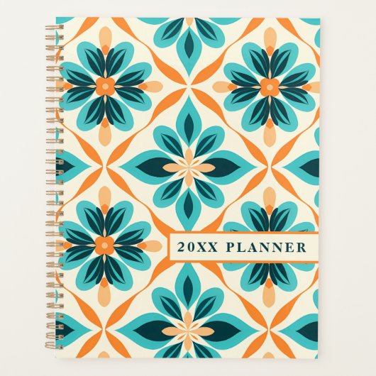 Blauwgroen en Tangerine Mid-Century Floral Planner (Voorkant)
