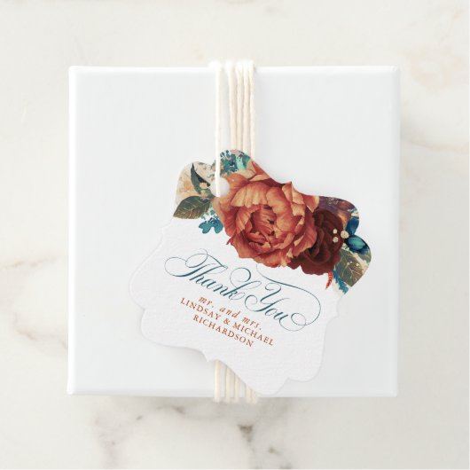 Blauwgroen en Terracotta Floral Wedding Bedankt Bedankjes Labels (In situ)