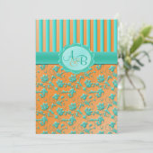 Blauwgroen en trangerine-Floral-Stripe-monogram Kaart (Staand voorkant)