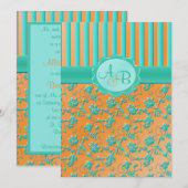 Blauwgroen en trangerine-Floral-Stripe-monogram Kaart (Voorkant / Achterkant)