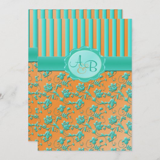 Blauwgroen en trangerine-Floral-Stripe-monogram Kaart (Voorkant / Achterkant)