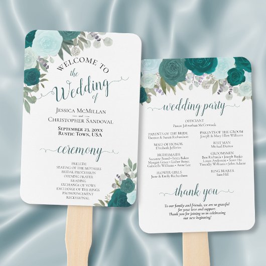 Blauwgroen en Turquoise Elegant Floral Wedding Pro Handwaaier