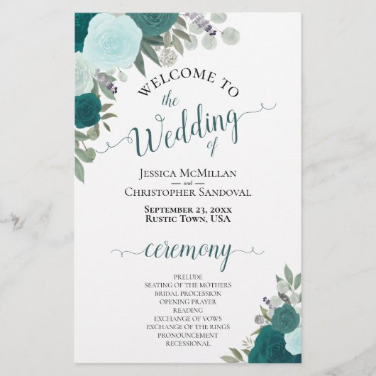 Blauwgroen en Turquoise Floral Budget Wedding Prog (Voorkant)