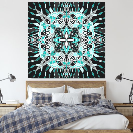Blauwgroen en Turquoise Mandala Abstracte bemiddel Canvas Afdruk (Insitu (Slaapkamer))