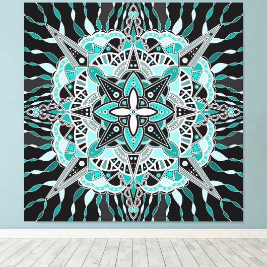 Blauwgroen en Turquoise Mandala Abstracte bemiddel Canvas Afdruk (Insitu (Houten vloer))