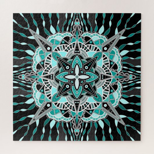 Blauwgroen en Turquoise Mandala Abstracte bemiddel Legpuzzel (Horizontaal)