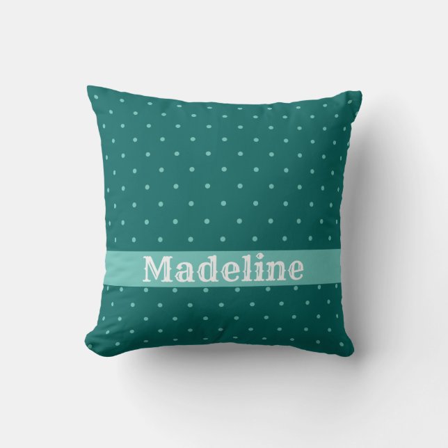 Blauwgroen en Turquoise Polka Dots Custom Name Kussen (Voorkant)