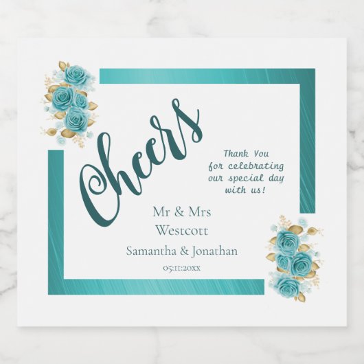Blauwgroen en Turquoise Roos Elegant Bruiloft Spar Sparkling Wijnetiket (Enkel label)