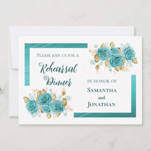 Blauwgroen en Turquoise Roos Elegant Rehearsal Din Kaart (Voorkant)