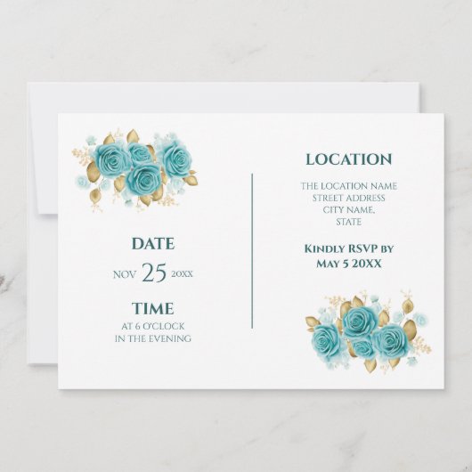 Blauwgroen en Turquoise Roos Elegant Rehearsal Din Kaart (Achterkant)