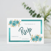 Blauwgroen en Turquoise Roos Elegant RSVP-kaart RSVP Kaartje (Staand voorkant)