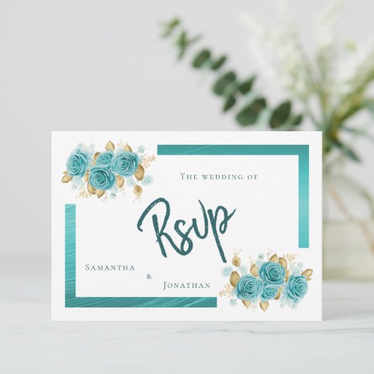 Blauwgroen en Turquoise Roos Elegant RSVP-kaart RSVP Kaartje (Staand voorkant)