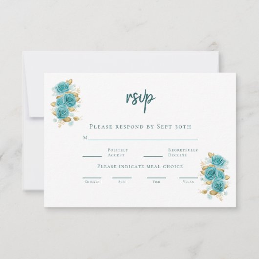 Blauwgroen en Turquoise Roos Elegant RSVP-kaart RSVP Kaartje (Achterkant)