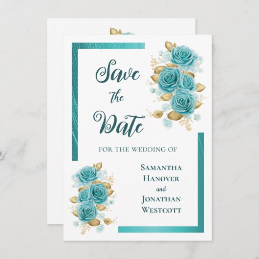 Blauwgroen en Turquoise Roos Elegant Save the Date (Voorkant / Achterkant)