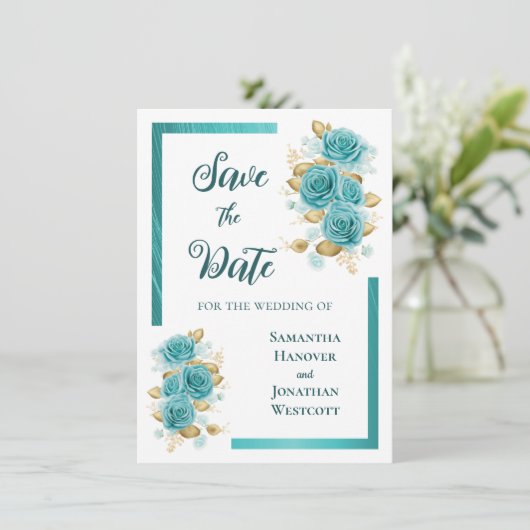 Blauwgroen en Turquoise Roos Elegant Save the Date (Staand voorkant)