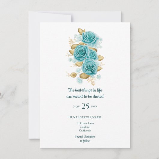 Blauwgroen en Turquoise Roos Elegant Save the Date (Achterkant)