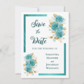 Blauwgroen en Turquoise Roos Elegant Save the Date (Voorkant)