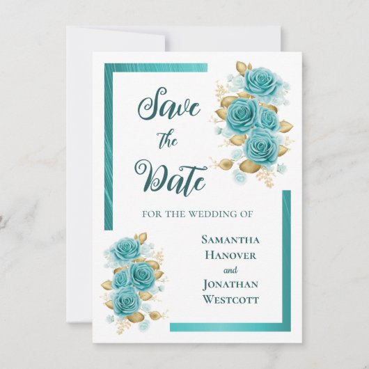 Blauwgroen en Turquoise Roos Elegant Save the Date (Voorkant)