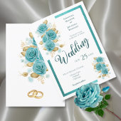 Blauwgroen en Turquoise Roos Elegant Wedding Invit Kaart