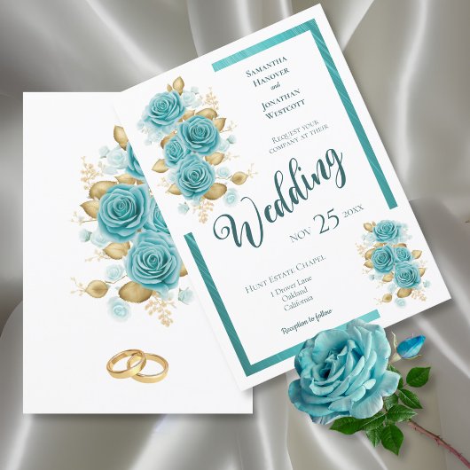 Blauwgroen en Turquoise Roos Elegant Wedding Invit Kaart