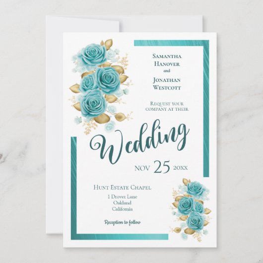 Blauwgroen en Turquoise Roos Elegant Wedding Invit Kaart (Voorkant)