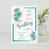 Blauwgroen en Turquoise Roos Elegant Wedding Invit Kaart (Staand voorkant)