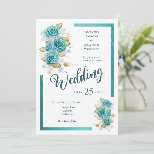 Blauwgroen en Turquoise Roos Elegant Wedding Invit Kaart (Staand voorkant)