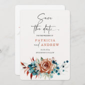 Blauwgroen en verbrande Oranje bruiloft Save the D Kaart (Voorkant / Achterkant)