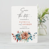 Blauwgroen en verbrande Oranje bruiloft Save the D Kaart (Staand voorkant)