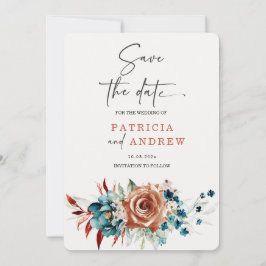 Blauwgroen en verbrande Oranje bruiloft Save the D Kaart