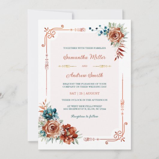 Blauwgroen en verbrande Oranje gouden bruiloft Sja Kaart (Voorkant)