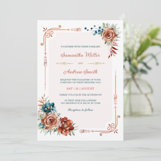 Blauwgroen en verbrande Oranje gouden bruiloft Sja Kaart (Staand voorkant)