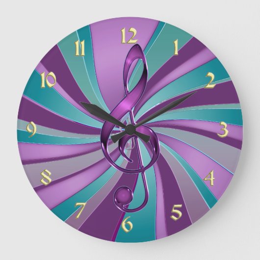Blauwgroen en Violet Swirl Music Clef Wall Clock Grote Klok (Voorkant)