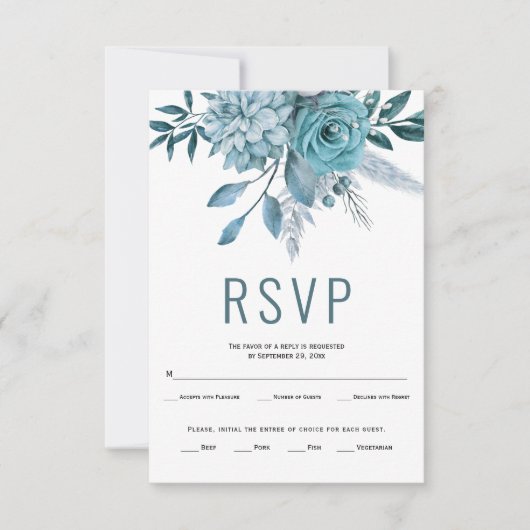 Blauwgroen en waterblauwe bloemen en bladeren brui RSVP kaartje (Voorkant)