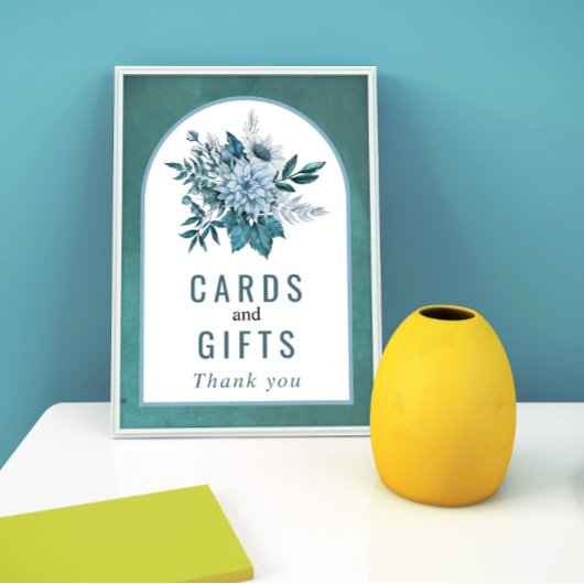 Blauwgroen en waterblauwe bloemen en naaldhout poster