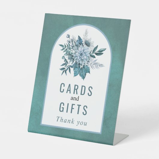 Blauwgroen en waterblauwe bloemen en naaldhout reclamebord met voetstuk (Voorkant)