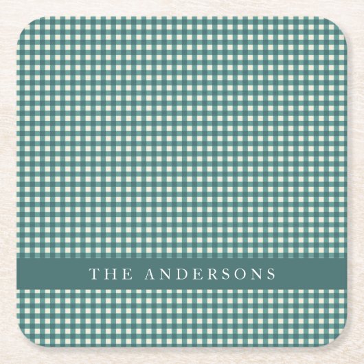 Blauwgroen en White Gingham Pset Persoonlijk Kartonnen Onderzetters (Voorkant)